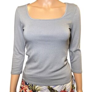 Cyrus Essentials Womens Grey Ribbed Square Neck 3/4 Sleeve‎ Top XS